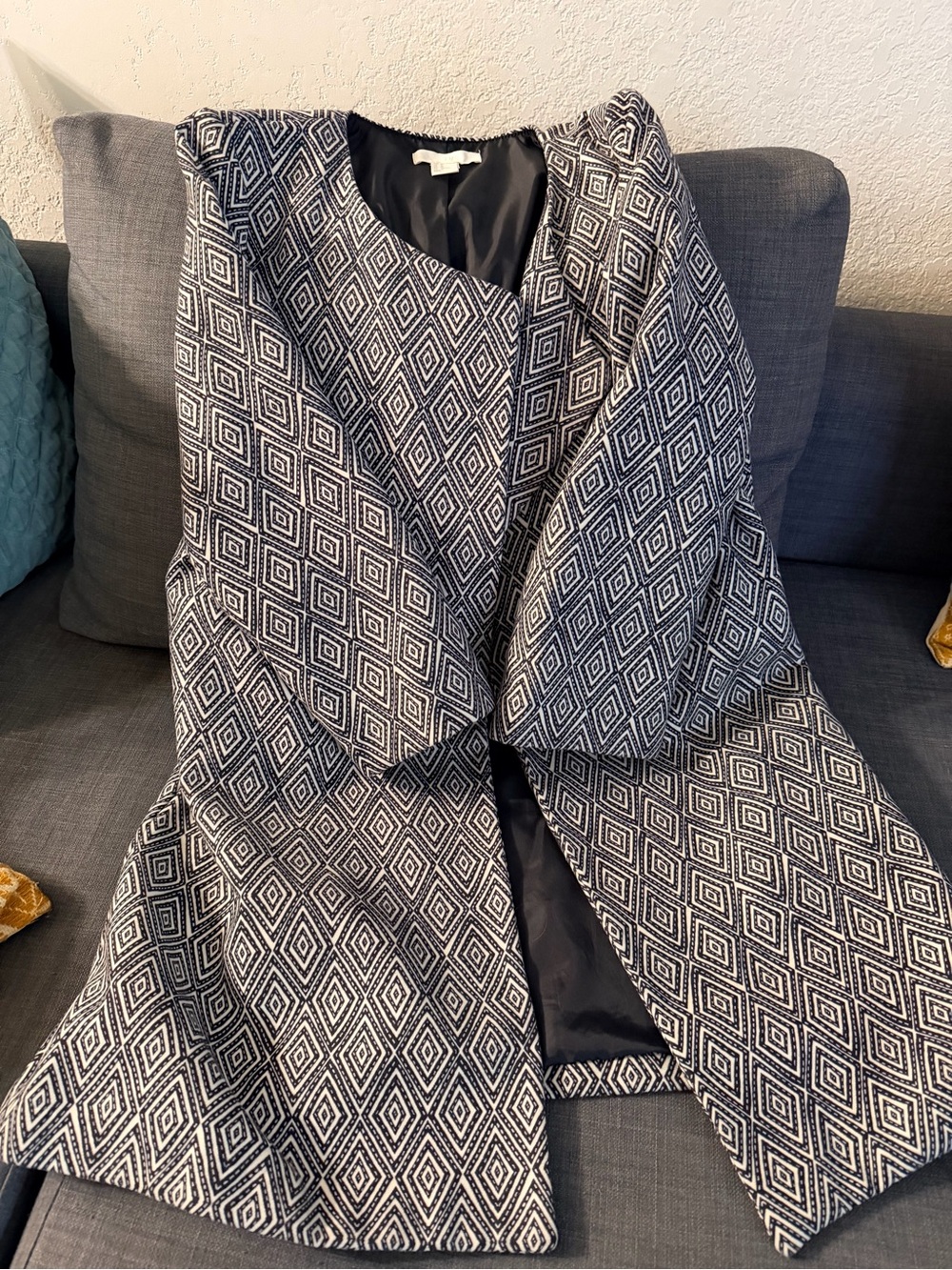 H&M Black and White Geometric Open-Front Coat